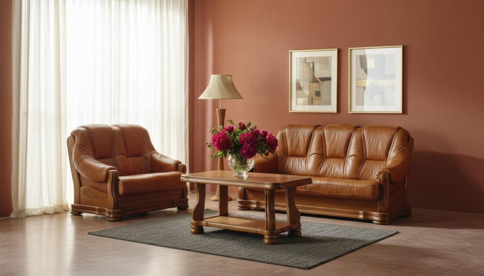 Zestaw sofowy do salonu Sofa Podkładka Sofa 100% Prawdziwa Skóra Drewno 3+1