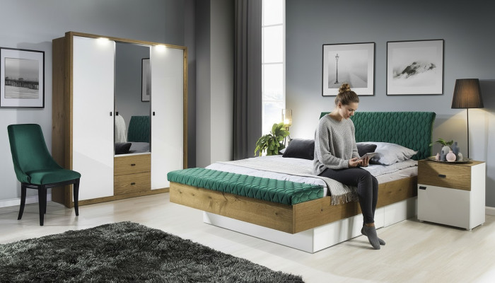 Zestaw designerskie łóżko tapicerowane łóżko łóżka Materiał łóżko podwójne łóżko designerskie Stolik nocny 2-częściowy.