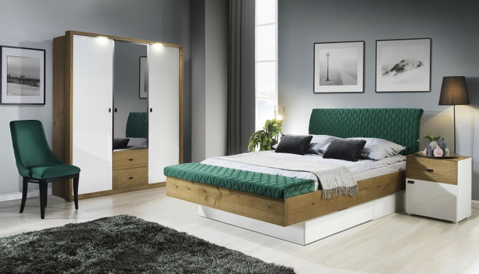 Zestaw designerskie łóżko tapicerowane łóżko łóżka Materiał łóżko podwójne łóżko designerskie Stolik nocny 2-częściowy.