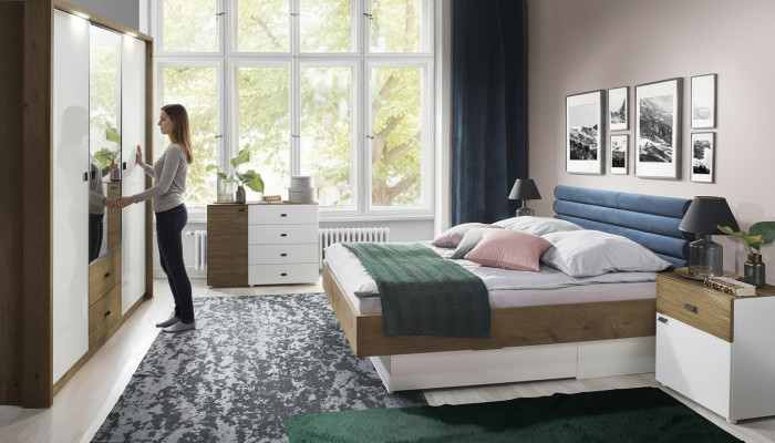 Projekt Sypialni 5 sztuk. Zestaw Łóżko Szafki nocne Kredens Szafa