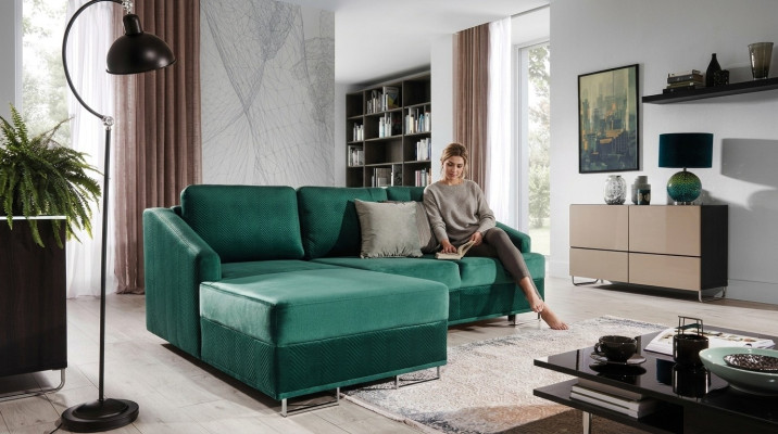 Luksusowa kanapa narożnikowa - Sofa Emerald Green Podkładka Zestaw narożny funkcja łóżka nowość