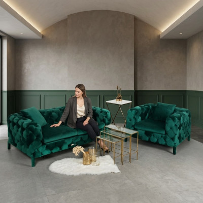 Zielony Chesterfield Zestaw wypoczynkowy 3+1 Sofa Materiał Kanapy Podkładka Ustawić