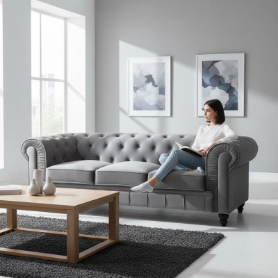 Chesterfield Sofa Kanapa Tapicerowana W Skórzanym Tapicerowaniu Garnitur 3-Osobowy