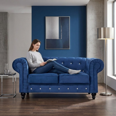 Klasyczna skórzana sofa - Niebieska sofa z tkaniny Chesterfield 2-osobowa - Textil jvmoebel®