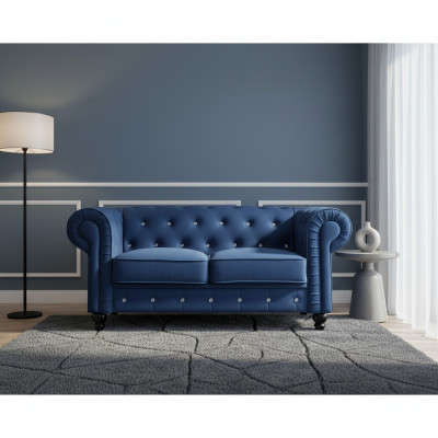 Klasyczna skórzana sofa - Niebieska sofa z tkaniny Chesterfield 2-osobowa - Textil jvmoebel®