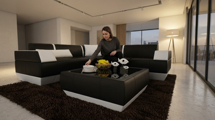 Tapicerowana sofa stoły Czarny stolik kawowy ze szklanym stolikiem nowoczesny