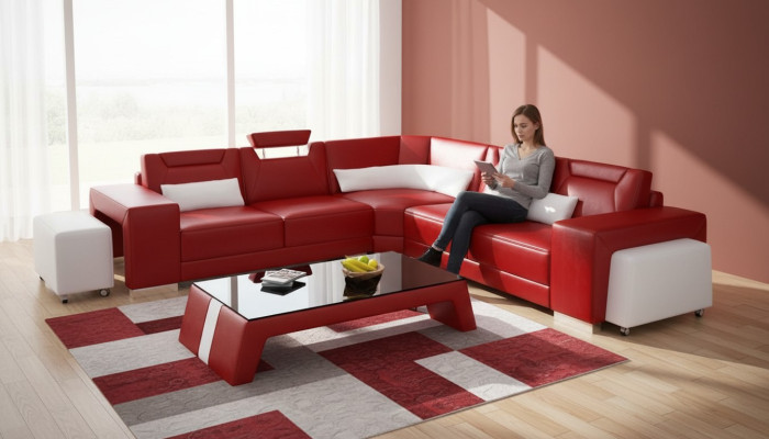 Skóra Modern Couch Żywy krajobraz Skórzana sofa Zestaw sofowy Sofa w kształcie litery L stolik kawowy