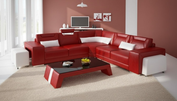 Skóra Modern Couch Żywy krajobraz Skórzana sofa Zestaw sofowy Sofa w kształcie litery L stolik kawowy
