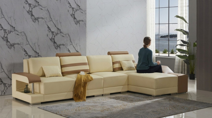 Skórzana sofa w kształcie litery L Żywy krajobraz Narożnikowa kanapa Ustawić Design Modern Sofa Beige