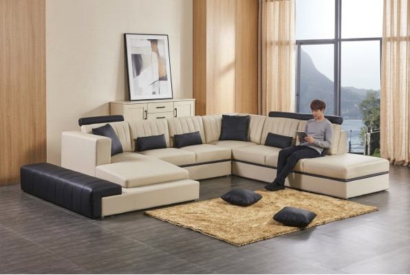 Skóra Modern Couch Żywy krajobraz Skórzana sofa Zestaw sofowy Sofa Kształt U