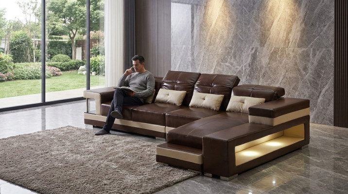 Narożnikowa kanapa Skóra Żywy krajobraz Ustawić Design Nowoczesna sofa w kształcie litery L Brązowa