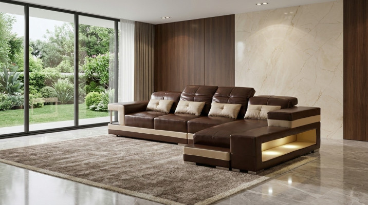 Narożnikowa kanapa Skóra Żywy krajobraz Ustawić Design Nowoczesna sofa w kształcie litery L Brązowa