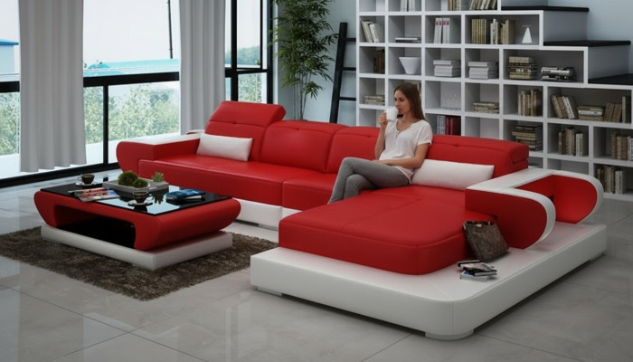 Narożnikowa kanapa Zestaw sofowy Skóra Sofa Narożnik Podkładka Stołek Zestaw Czerwona Designerska Kanapa Nowość
