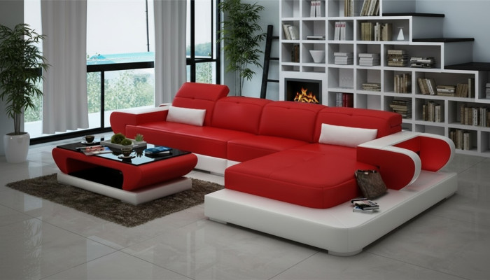 Narożnikowa kanapa Zestaw sofowy Skóra Sofa Narożnik Podkładka Stołek Zestaw Czerwona Designerska Kanapa Nowość