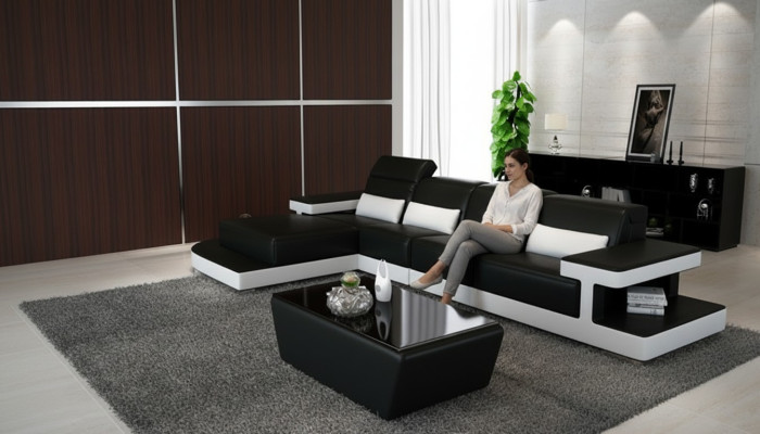 Skóra Modern Couch Żywy krajobraz Deco Sofa skórzana Zestaw sofowy Sofa w kształcie litery L