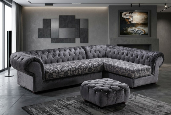 Klasyczna kanapa materiałowa Chesterfield w kształcie litery L Żywy krajobraz Narożnikowa kanapa Ustawić