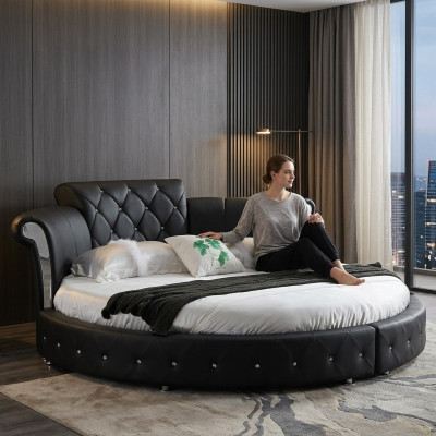 Luksusowe łóżko Chesterfield Design Okrągły Podkładka Klasyczne łóżko okrągłe Skóra Aksamit