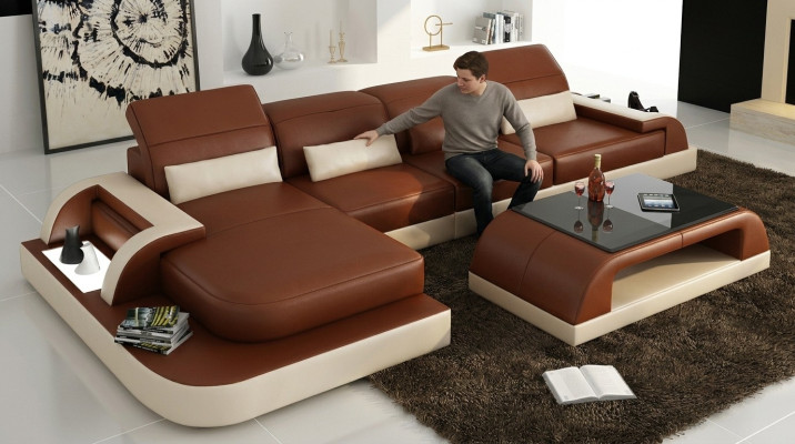 Brązowa sofa w kształcie litery L Podkładka Ustawić Żywy krajobraz Design Narożnikowa kanapa Skóra