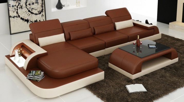 Brązowa sofa w kształcie litery L Podkładka Ustawić Żywy krajobraz Design Narożnikowa kanapa Skóra