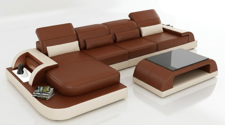 Brązowa sofa w kształcie litery L Podkładka Ustawić Żywy krajobraz Design Narożnikowa kanapa Skóra