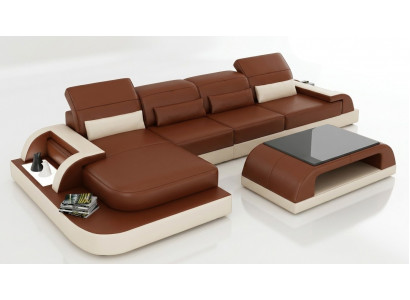 Brązowa sofa w kształcie litery L Podkładka Ustawić Żywy krajobraz Design Narożnikowa kanapa Skóra