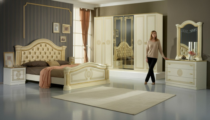 Sypialnia Chesterfield Skóra Łóżko 6-częściowy zestaw mebli Design Stolik nocny Kredens