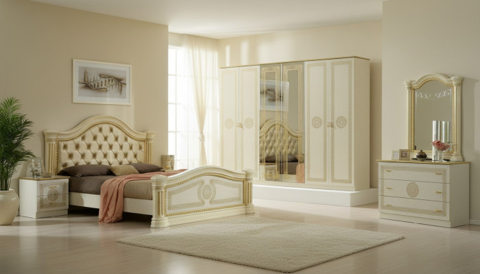 Sypialnia Chesterfield Skóra Łóżko 6-częściowy zestaw mebli Design Stolik nocny Kredens