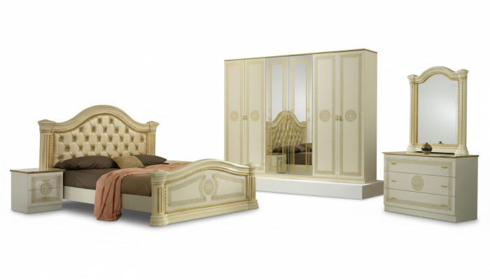 Sypialnia Chesterfield Skóra Łóżko 6-częściowy zestaw mebli Design Stolik nocny Kredens