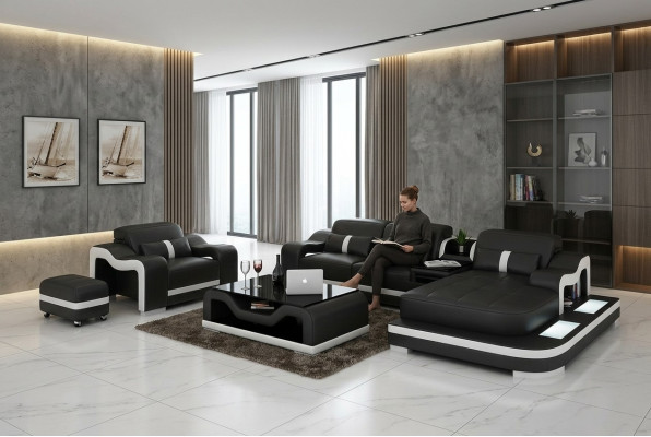 Żywy krajobraz Narożnikowa kanapa Zestaw Fotelowy w kształcie litery L Ustawić Deco Nowoczesna Sofa Skóra
