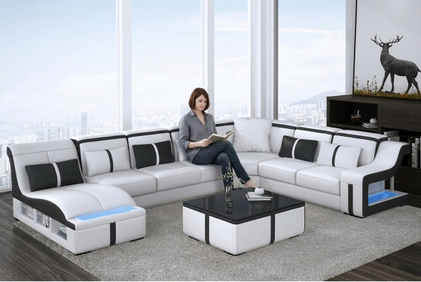 Design Narożnikowa kanapa Kształt U Podświetlana kanapa Skóra Włókienniczy Sofa Nowy Żywy krajobraz LED