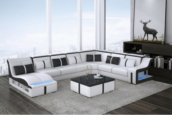 Design Narożnikowa kanapa Kształt U Podświetlana kanapa Skóra Włókienniczy Sofa Nowy Żywy krajobraz LED