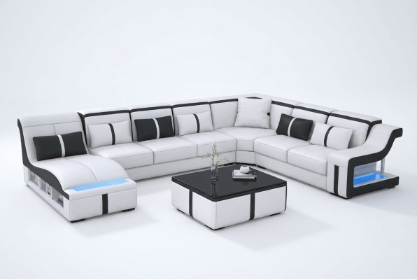 Design Narożnikowa kanapa Kształt U Podświetlana kanapa Skóra Włókienniczy Sofa Nowy Żywy krajobraz LED