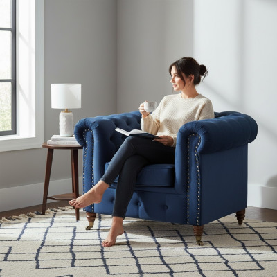 Designerski Fotel 1 miejsce do siedzenia Blue Skóra Włókienniczy Luxury Club Lougne Sofa Chesterfield