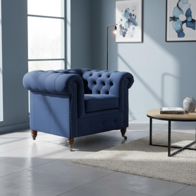 Designerski Fotel 1 miejsce do siedzenia Blue Skóra Włókienniczy Luxury Club Lougne Sofa Chesterfield