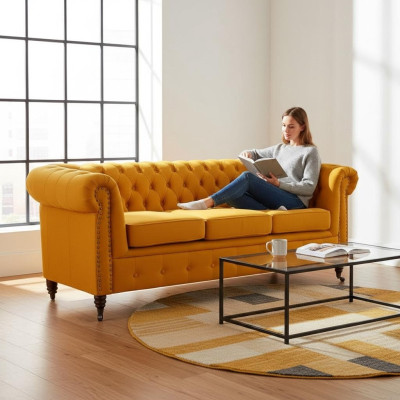 Klasyczna trzyosobowa kanapa Chesterfield Meble Sofa Włókienniczy o eleganckim designie w kolorze pomarańczowym