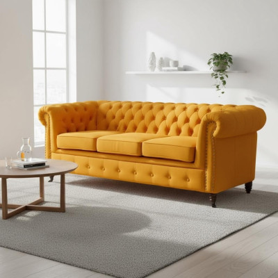 Klasyczna trzyosobowa kanapa Chesterfield Meble Sofa Włókienniczy o eleganckim designie w kolorze pomarańczowym