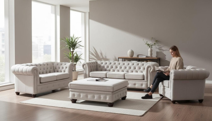 Chesterfield Zestaw sofowy Couch Set 321+Stołek Siedziba Podkładka Obcios Włókienniczy