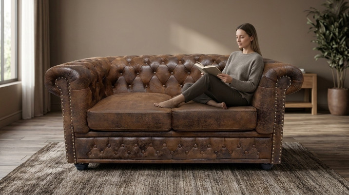 Chesterfield Włókienniczy Kanapa Podkładka 2 miejsce do siedzenia Materiał Sofy Kanapy Brązowa dwumiejscowa