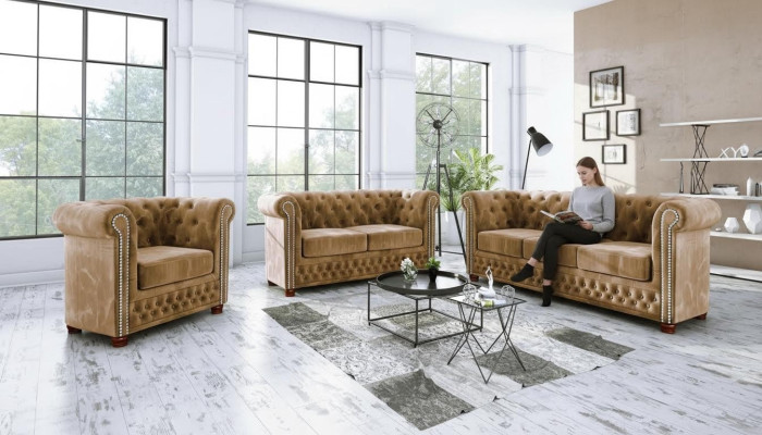 Chesterfield Włókienniczy Design Luxury Zestaw sofowy Sofa Podkładka 3+1 miejsce do siedzenia Nowość