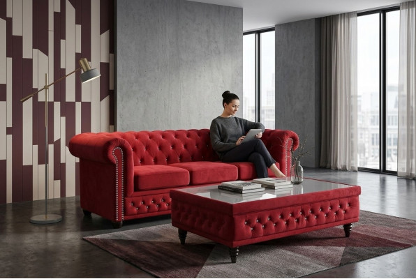 Chesterfield Włókienniczy Kanapa Podkładka 2 miejsce siedzące Materiał Sofy Kanapy Dwumiejscowe Czerwony