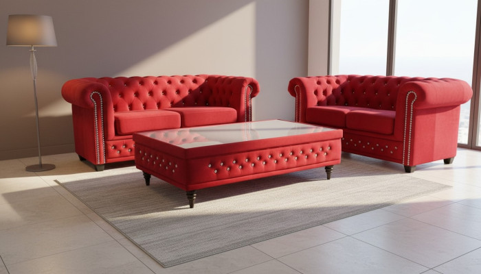 Chesterfield Włókienniczy Kanapa Podkładka 2 miejsce siedzące Materiał Sofy Kanapy Dwumiejscowe Czerwony