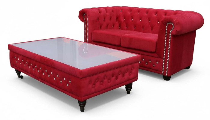 Chesterfield Włókienniczy Kanapa Podkładka 2 miejsce siedzące Materiał Sofy Kanapy Dwumiejscowe Czerwony