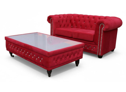 Chesterfield Włókienniczy Kanapa Podkładka 2 miejsce siedzące Materiał Sofy Kanapy Dwumiejscowe Czerwony