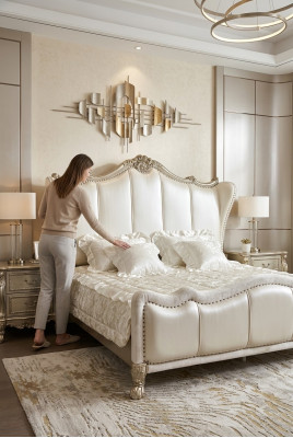 Klasyczne łóżko barokowe dwuosobowe w stylu rokoko Chesterfield Skóra Hotel Antyk łóżko