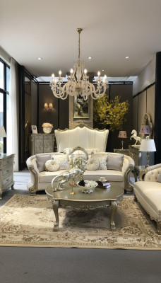 Sofa Okrągły Drewno rzeźbiona czteroosobowa kanapa Skóra Chesterfield salon