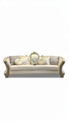 Sofa Okrągły Drewno rzeźbiona czteroosobowa kanapa Skóra Chesterfield salon
