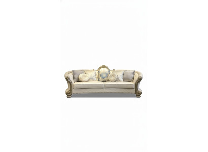 Sofa Okrągły Drewno rzeźbiona czteroosobowa kanapa Skóra Chesterfield salon
