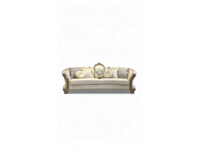Sofa Okrągły Drewno rzeźbiona czteroosobowa kanapa Skóra Chesterfield salon
