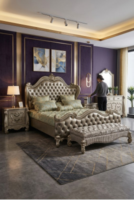 Łóżko 2x Stolik nocny 3 szt. Sypialnia Scenografia Luksusowe łóżko Chesterfield