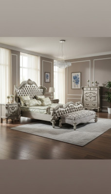 Łóżko 2x Stolik nocny 3 szt. Sypialnia Scenografia Luksusowe łóżko Chesterfield